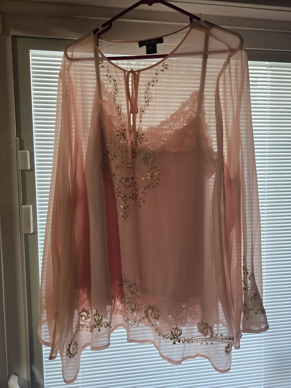 Karen Kane Sheer Pink Lace-Trim Long Sleeve Chemise with Gold Embellishment